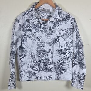Chico's women's white denim jacket with a black floral design and sequins Size 1